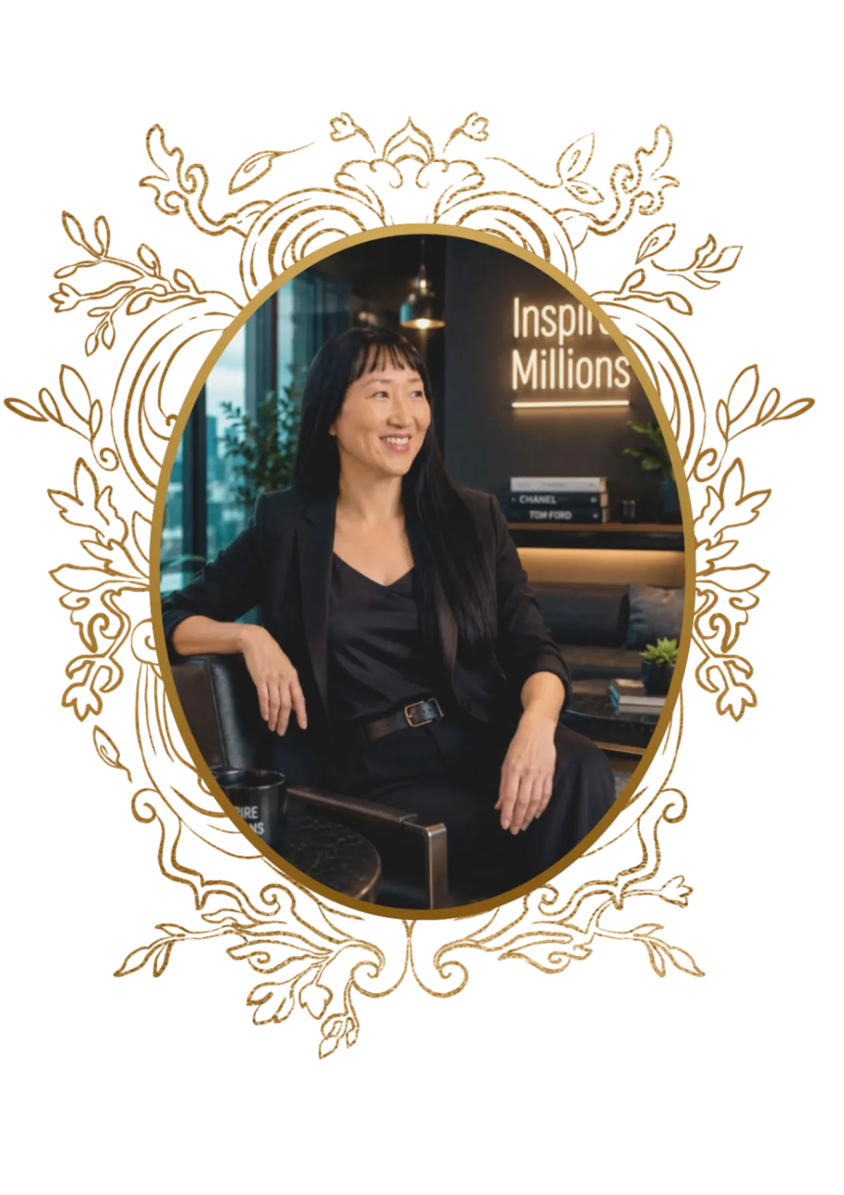 Karin “Kay” Whang seated in a gold ornamental frame